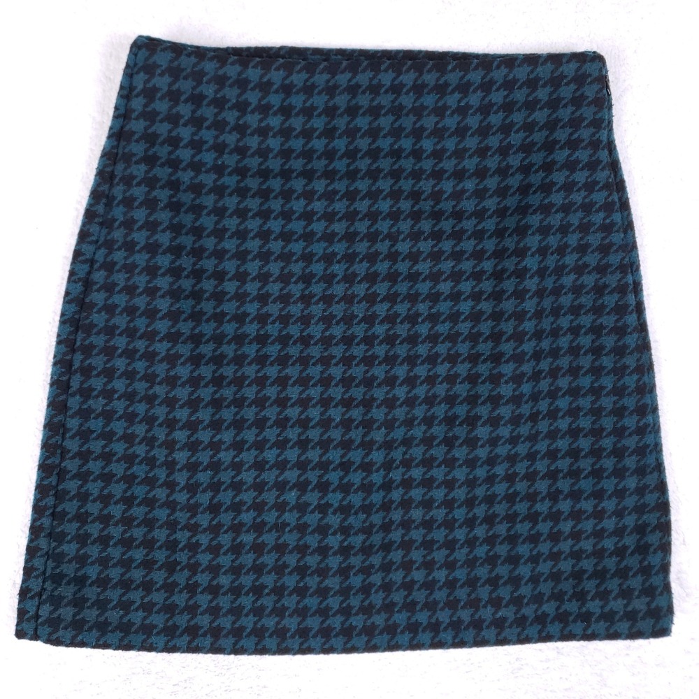 LOFT Mini Skirt Womens 2 Houndstooth Teal Black Wool Blend Dark Academia Preppy